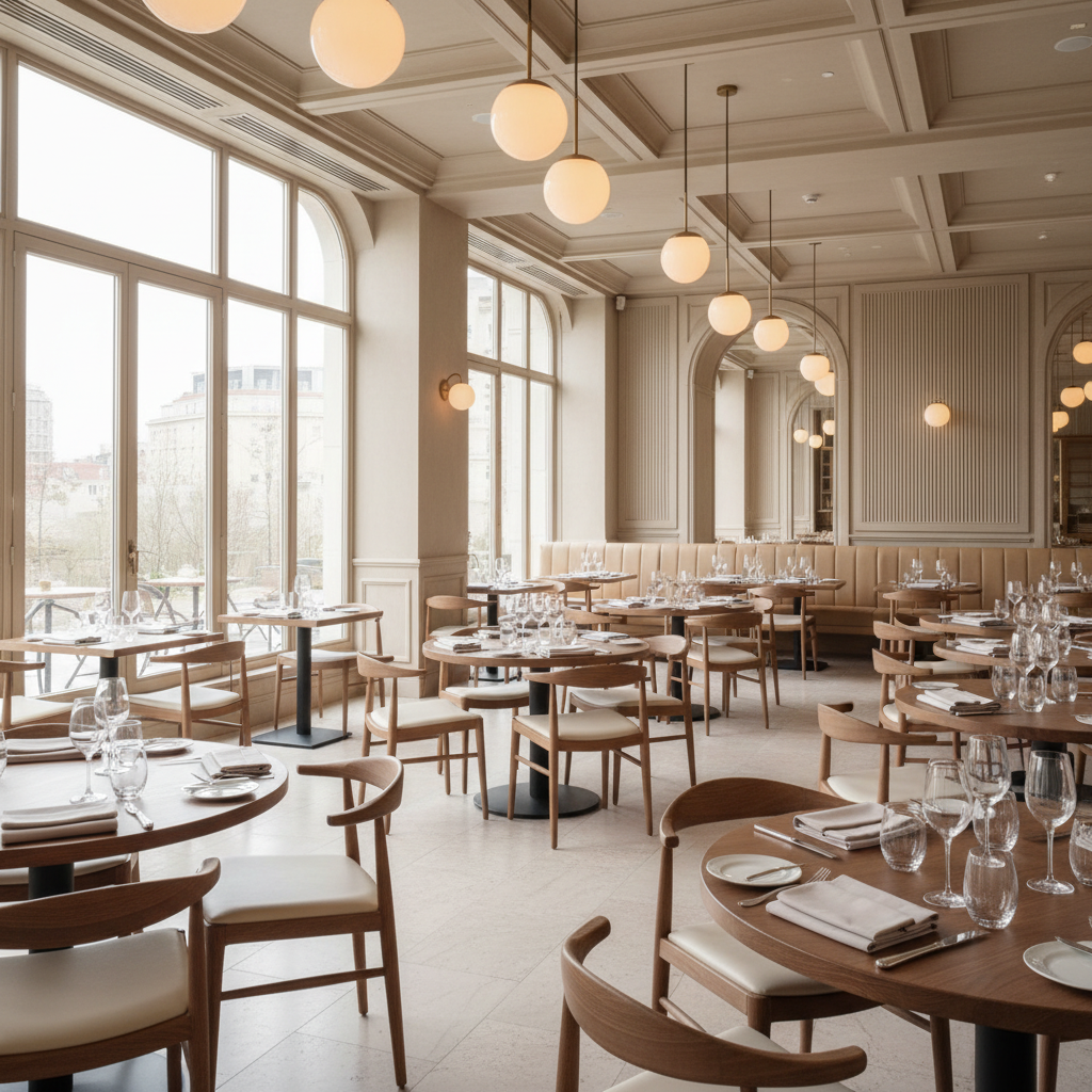 The Blue Fairy dining room — warm wood, soft light, tables ready for first seating